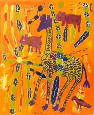 Bushman artist Cgoma Simon Giraffe and Rabbits small